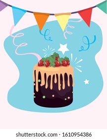 cake and banner pennant design, Happy birthday card celebration decoration surprise party anniversay and invitation theme Vector illustration