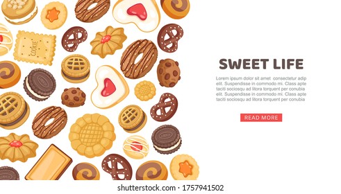 Cake banner, sweet life vector illustration. Cookie, cupcake sweet food pastry, delicious design web page. Sugar dessert set, tasty bakery flour product, beautiful cafe cartoon advert.