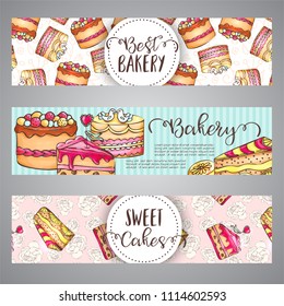 Cake banners with handdrawn akes and pink splashes. Sweet pastry slogan. Bakery Desserts collection Vector