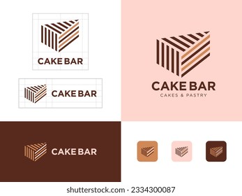 Cake bar logo. Bakery and sweet pastry emblem.  A piece of cake, cake layers consists of some thin lines.