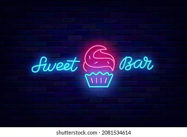 Cake bar neon label. Cupcake icon. Sweet bar. Night bright logo and promotion. Cafe signboard. Outer glowing effect emblem. Editable stroke. Isolated vector stock illustration