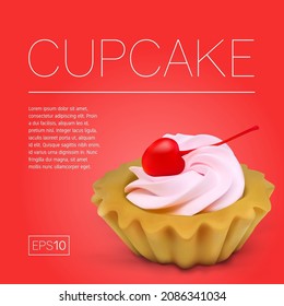 Kuchenkorb mit Kirschen und Sahne auf transparentem Hintergrund. Realistische Vektorgrafik