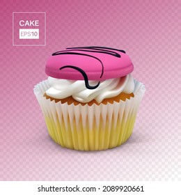 Cesta de pasteles con crema y macarón sobre un fondo transparente. Ilustración vectorial de la comida