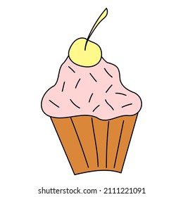 Cake basket with yellow cherries and cream. Vector illustration isolated in the style of a doodle on the theme of food. Sweet gift dessert with sprinkles