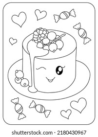 Cake with berries. Black and white vector illustration for kids. Kawaii. Coloring.