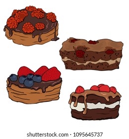 Cake with berries and chocolate. Vector icon set.