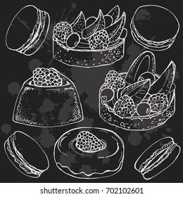 Cake with berries and cream, macaroons, donut  on chalkboard background. Vector food image. Sweet and beautiful dessert. Set of elements.
