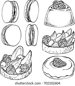 Cake with berries and cream, macaroons, donut isolated on white background. Vector food image. Sweet and beautiful dessert. Set of elements.