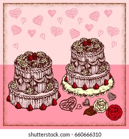 Cake big chocolate sweets cream heart bakery menu vector illustration hand draw