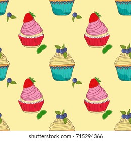 Cake. Bilberry, strawberry. Background, wallpaper, unhurried. On a beige background. Sketch, doodle.