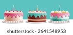 Cake birthday 3d elements clipart set. Strawberry and chocolate sweet dessert cake clip art with candle and icing toppings for birthday and wedding collection vector illustration. 
