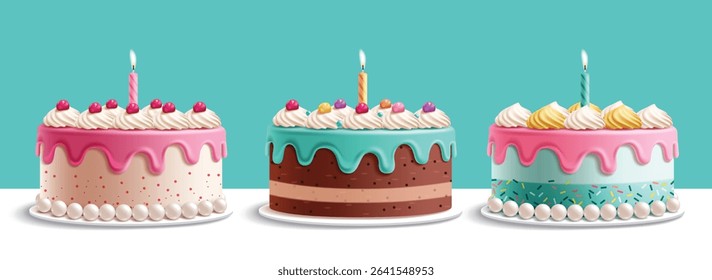 Cake birthday 3d elements clipart set. Strawberry and chocolate sweet dessert cake clip art with candle and icing toppings for birthday and wedding collection vector illustration. 
