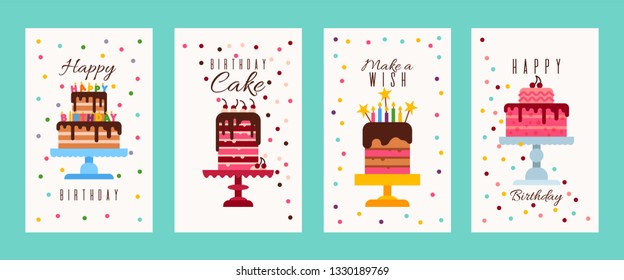 Cake birthday banners or birthday invitation cards vector illustration. Happy birthday. Make a wish. Flyers for bakery or sweets shop. Big cartoon cakes with burning candles.