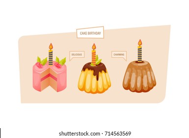 Cake birthday concept. Festive sweet cakes and pastries, with glaze and delicious filling, with candles and mint. Vector illustration isolated on white background.