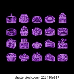 cake birthday food dessert party neon light sign vector. sweet chocolate celebration, cream bakery, pastry delicious, happy candle cupcake cake birthday food dessert party Illustrations
