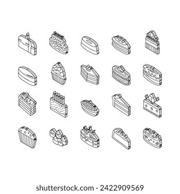 cake birthday food dessert party isometric icons set. sweet chocolate celebration, cream bakery, pastry delicious, happy candle cupcake cake birthday food dessert party color line