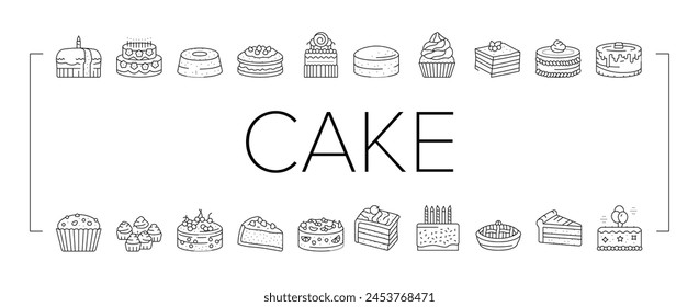 cake birthday food dessert party icons set vector. sweet chocolate celebration, cream bakery, pastry delicious, happy candle cupcake cake birthday food dessert party black contour illustrations