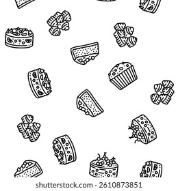cake birthday food dessert party Vector Seamless Pattern Thin Line Illustration