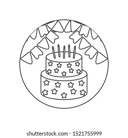 cake of birthday in frame circular with garlands vector illustration design