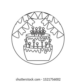 cake of birthday in frame circular with garlands vector illustration design