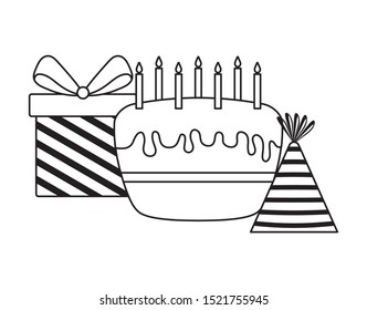 cake of birthday with gift box and hat party vector illustration design
