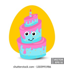 Cake Birthday. Happy. Cartoon style. Bright. Character. For your design.