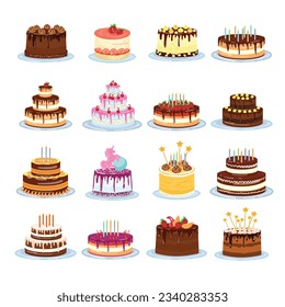 Vector de dibujos animados de iconos de cumpleaños de pasteles. Feliz diversión. Ocupación de cumpleaños