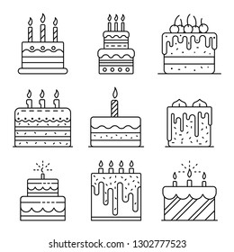 Cake birthday icons set. Outline set of cake birthday vector icons for web design isolated on white background