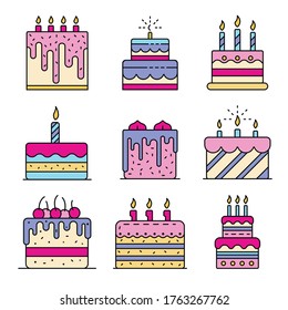 Cake birthday icons set. Outline set of cake birthday vector icons thin line color flat isolated on white