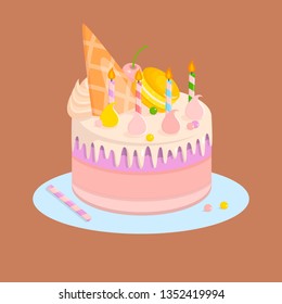 Cake for Birthday Party Banner Vector Illustration. Cakes Ingredients. Good Quality Product. Fruity Desserts from Bakery Shop or Store with Sweet Decor such as Glaze, Candles, Macaroons, Cherry.