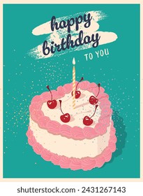 Cake. Birthday. Birthday cake. Retro cake with cherries. Greeting card. Candle. Baking and sweets. Confectionery product