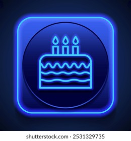Bolo, aniversário simples ícone vetor. Design plano. Estilo de néon azul no botão. Com shadow.ai