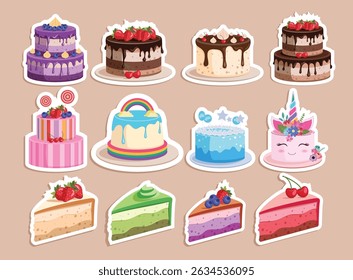 Cake birthday stickers elements clipart set. Cupcake sticker colorful drawing clip art collection in whole and slices yummy delicious party dessert vector illustration.      

