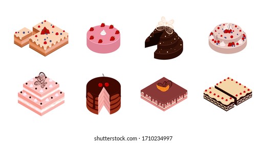 Cake with a bitten bite. Set of cakes cut for wedding and birthday. Party cakes. Sweet tasty food with strawberry and chocolate cream birthday cakes vector isometric.