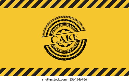 Cake black grunge emblem inside yellow warning sign. Vector Illustration. Detailed.