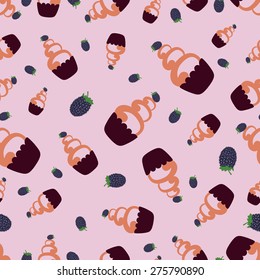 Cake with blackberries seamless pattern.