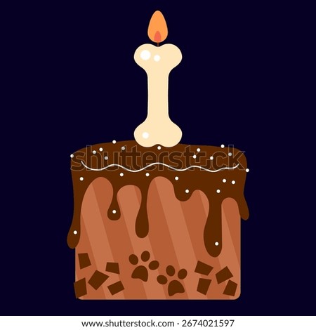 Cake with bone candle. Dogust 1st: Universal Birthday for Shelter Dogs. Birthday party background. Birthday party. Party decoration