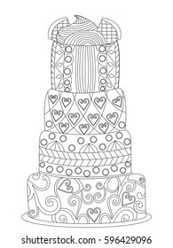 Cake book for adults vector illustration. Anti-stress coloring for adult. Zentangle style. Black and white lines pie. Lace pattern