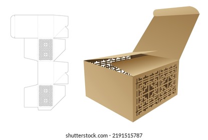 Cake box with 2 stenciled windows die cut template and 3D mockup