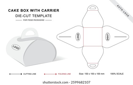 Cake box with carrier die cut template with 3D blank vector mockup