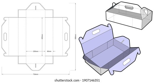 Cake Box with handle Ease of assembly, no need for glue (Internal measurement 40x20x8cm) and Die-cut Pattern. The .eps file is full scale and fully functional. Prepared for real cardboard production.