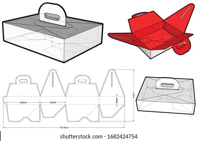 Cake Box With Handle (Internal measurement 20.4x15.5+50cm) and Die-cut Pattern. The .eps file is full scale and fully functional. Prepared for real cardboard production.