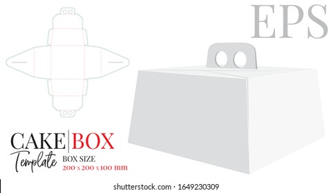 Cake Box with Handle Template, Vector with die cut / laser cut layers. Delivery Cake Box. White, blank, clear, isolated Cake mock up on white background, perspective view. Packaging design