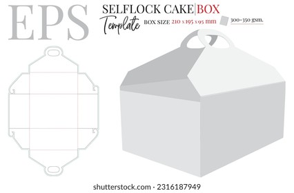 Cake Box with Handle Template, Vector with die cut, laser cut layers. Delivery Cake Box, Self lock Box. White, blank, clear, isolated Paperboard Box mock up on white background Packaging Design