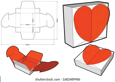 Cake Box With Heart Shape(Internal measurement 15x15+4.95cm) and Die-cut Pattern. The .eps file is full scale and fully functional. Prepared for real cardboard production.