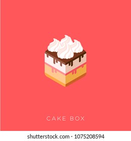 Cake box illustration. Bakes and delivery picture. Bakery and sweet cafe icon. A beautiful cake like box with chocolate, syrup, and cream.