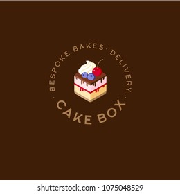 Cake box logo. Bespoke bakes and delivery. Bakery and sweet cafe logo. A beautiful cake like box with chocolate, syrup, blueberry, cherry and cream.