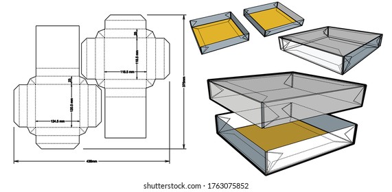 Cake Box Self Assembly (Internal measurement 11.8x11.8x2.5cm) and Die-cut Pattern. The .eps file is full scale and fully functional. Prepared for real cardboard production.