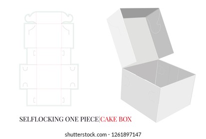 Cake Box Template, Vector with die cut  laser cut layers. Delivery Box, Single Piece Cake Box, Donut, Self Lock, Cut  Fold. White, clear, blank, isolated Open Box mock up on white background, pack