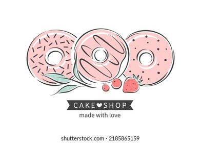 Cake and bread shop logo. Donuts and berries. Vector illustration for logo, menu, recipe book, baking shop, cafe, restaurant.